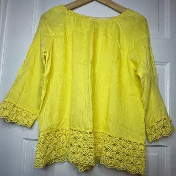 J. Crew Linen Crochet Lace Embroidered Hem Scallop Border Blouse Size Small - Picture 2 of 10